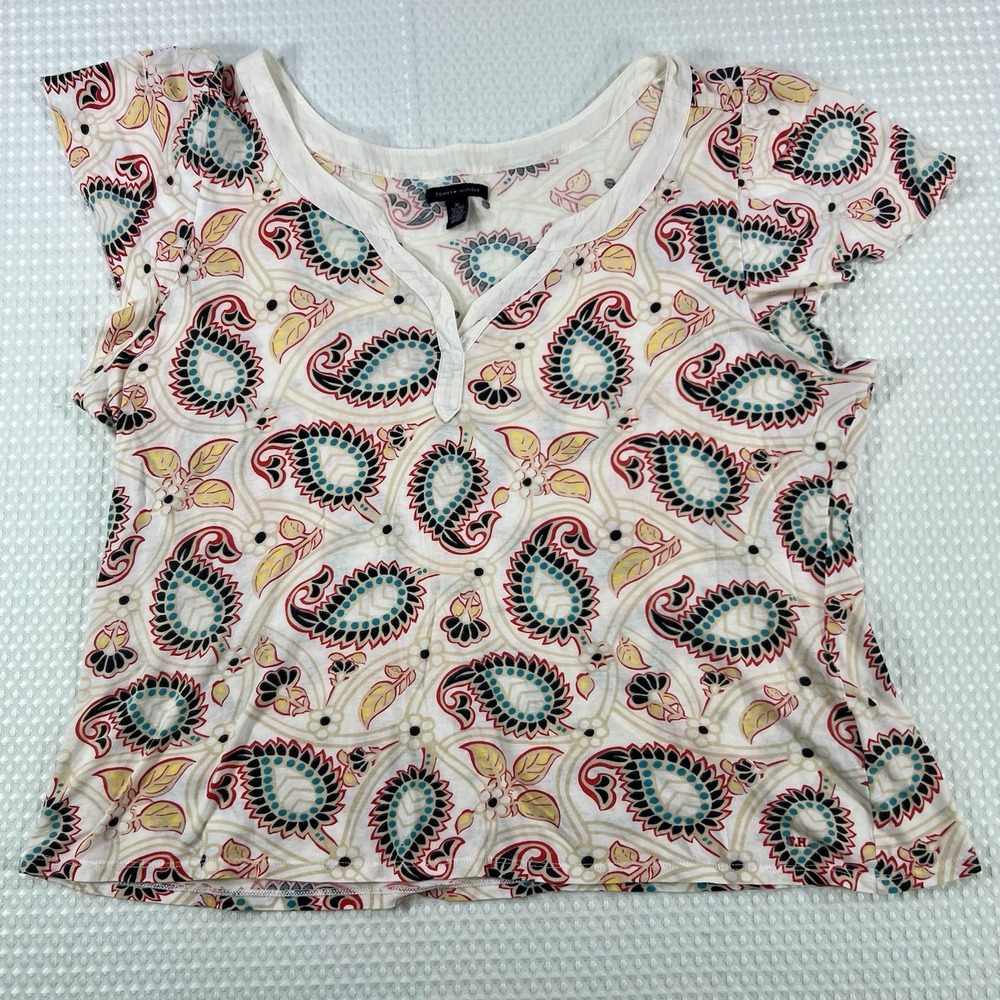 Tommy Hilfiger Paisley Print Cotton Top Women's XL Short Sleeve Blouse
